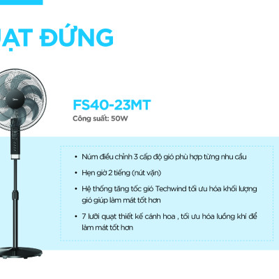 Quạt Đứng 7 Cánh Midea FS40-23MT (Hàng Chính Hãng, Công Suất 50W, Chỉnh Gió 3 Tốc Độ, Có Chức Năng Hẹn Giờ)