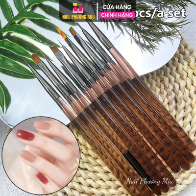 Bộ Set Cọ 9 Cây Làm 10 Đầu Làm Nail, Màu Nâu, Cọ Bản, Cọ Fen, Cọ vẽ Omber, Cọ Nét, Cọ Đắp Gel Cho Thợ Làm Nail Tiện Lợi