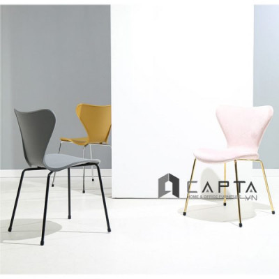 Ghế ăn nhựa đúc màu vàng CC1546-S Nội thất Capta Ghế cafe nhà hàng thân nhựa màu vàng không tay tựa chân thép mạ chrome 