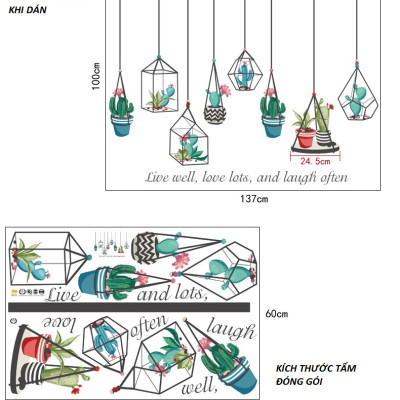 Decal dán tường Giàn treo chậu xương rồng và thông điệp ý nghĩa - DKN103 AmyShop (100 x 137 cm)