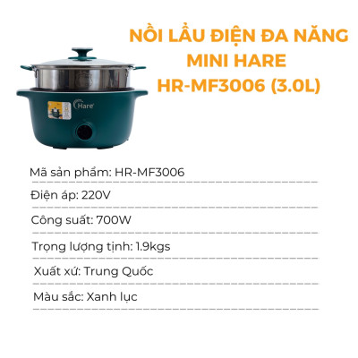 Nồi lẩu điện đa năng HR-MF3006 (3.0L) -hàng chính hãng thương hiệu Hare - bảo hành 12 tháng
