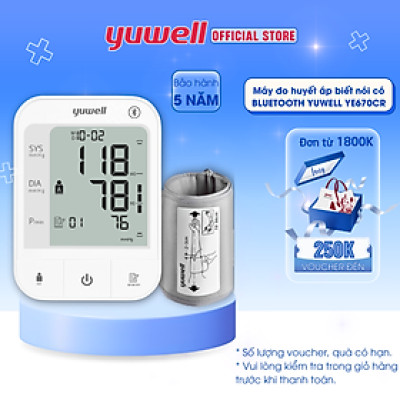 Máy đo huyết áp điện tử bắp tay chính hãng YUWELL YE670CR - Có chức năng Bluetooth - Pin sạc 300 lần đo - Bảo hành 5 năm.
