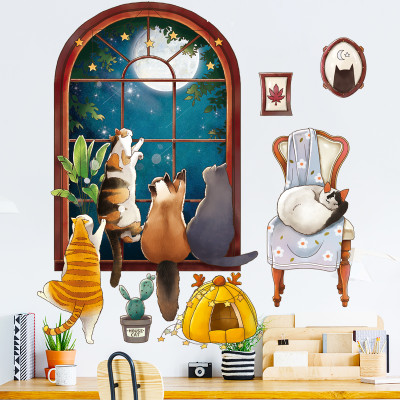 Sticker Giấy Dán Tường Decal Dán tường Tranh Dán Tường Trang Trí Tường Mẫu Những chú mèo bên cửa sổ ZH-1007