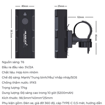 Đèn Trước Xe Đạp Chiếu Sáng Cao Cấp Chống Nước P-023 dung lượng 5200mAh Gắn tay lái, sạc Type-C, sáng max 10h, Có Hỗ trợ Sạc Khẩn Cấp - Mai Lee