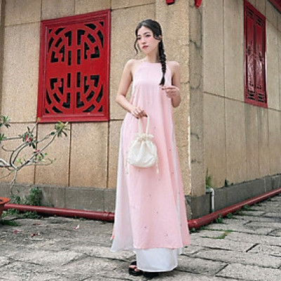 Áo dài cách tân cổ yếm chất vải linen thêu hoa nhí Khả Ái Miều Est.2013