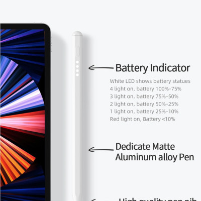 Bút Cảm Ứng Wiwu Pencil W Hít Nam Châm Và Sạc Có Chỉ Báo Pin Dành Cho iPad 8.3/10.9/11/12.9INCH - Hàng Chính Hãng