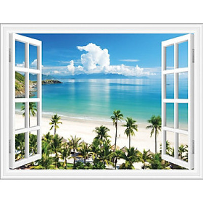 Tranh dán tường 3D phong cảnh biển cửa sổ - VẢI LỤA  phủ kim sa (kích thước theo yêu cầu)