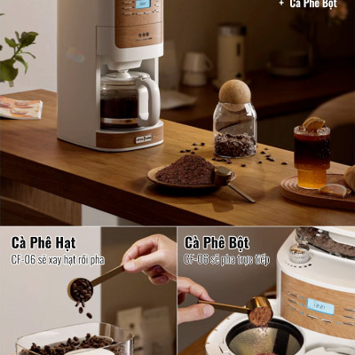 Máy Pha Cà Phê CF06 Tự Động Vừa Xay, Vừa Pha 2 Trong 1, Từ 2-12 Cốc/Lần, Hẹn Giờ Pha Thông Minh, Cối Xay Cafe Lưỡi Nón Độ Đồng Nhất Cao, Hàng Chính Hãng
