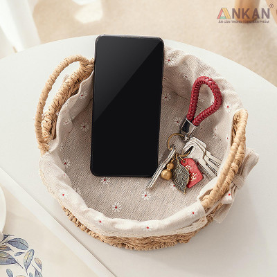 Giỏ Picnic Hình Tròn Có Quai – Đan Tay Thủ Công, Lót Vải Hoa Vintage, Giỏ Đựng Đồ Trang Trí Xinh Xắn