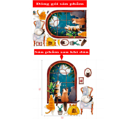 Sticker Giấy Dán Tường Decal Dán tường Tranh Dán Tường Trang Trí Tường Mẫu Những chú mèo bên cửa sổ ZH-1007