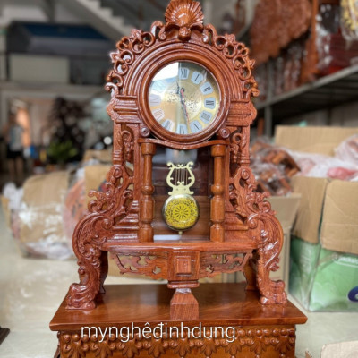 Đồng hồ quả lắc tân cổ điển để bàn cao 70x45x15cm + kệ chân đế  15x52x29cm bằng gỗ hương đá 