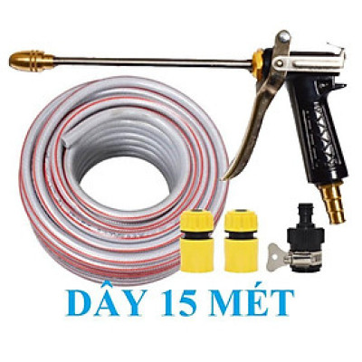 ️ Bộ dây vòi xịt nước rửa xe, tưới cây , tăng áp 3 lần, loại 15m 206701-2 đầu đồng, cút+ mở chai