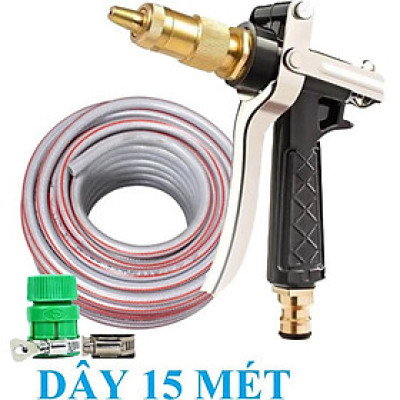 ️ Bộ dây vòi xịt nước rửa xe, tưới cây , tăng áp 3 lần, loại 15m 206318 đầu đồng, đai, nối vàng