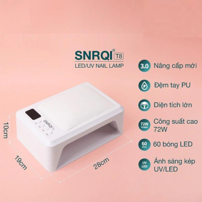 Máy Hơ T8 SNRQI Bản Mới 2025 LED TRẮNG 72W Làm Nail Nhanh Khô Sơn Gel, Bảo Hành 6 Tháng, Khoang Rộng Hơ 2 Tay Cùng Lúc, 4 Chế Độ Hơ Đệm Kê Tay 60 Bóng