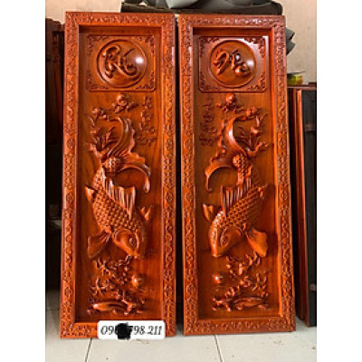 Tranh treo tường lý ngư vọng nguyệt bằng gỗ hương đỏ kt 37×107×4cm