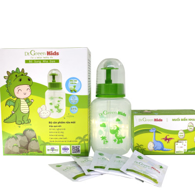 Bình rửa mũi cho trẻ Dr.Green Kids, kèm 30 gói muối rửa mũi, dung tích 180ml, đầu rửa silicon mềm mại, phù hợp rửa mũi với trẻ em