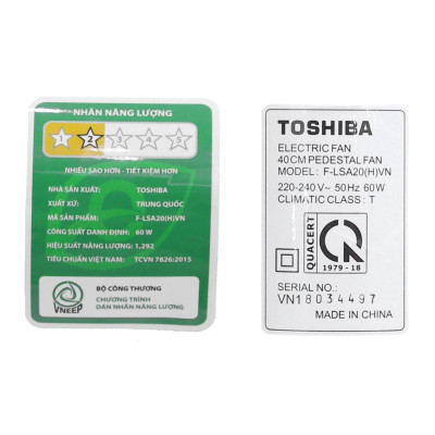 Quạt đứng Toshiba F-LSA20(H)VN 60W - Điều khiển từ xa - 5 cánh - Hẹn giờ tắt/mở - Hàng chính hãng