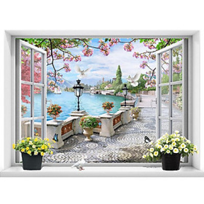 Tranh dán tường cửa sổ cảnh biển đẹp trang trí phòng khách và phòng ngủ - VT0435