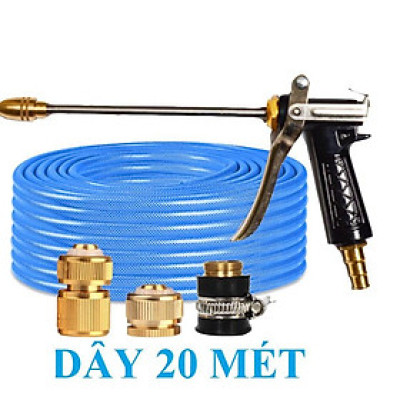 ️ Bộ dây vòi xịt nước rửa xe, tưới cây , tăng áp 3 lần, loại 20m 206701-3 đầu đồng, cút đồng, + đai