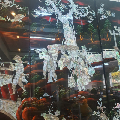 Tranh sơn mài Bộ 4 tấm Vinh Quy Bái Tổ cẩn ốc xà cừ, hàng đẹp, hàng xuất khẩu size 80x160 cm