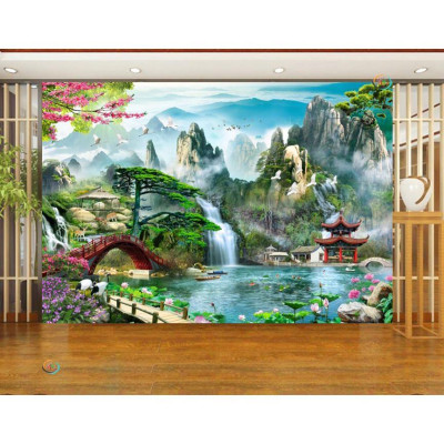 Tranh dán tường 3D thác nước sơn thủy hữu tình - VẢI LỤA phủ kim sa (kích thước theo yêu cầu)