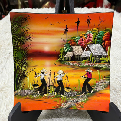 Dĩa vuông sơn mài cao cấp Thanh Bình Lê cảnh đồng quê đựng trái cây, trang trí nhà cửa, văn phòng, quà tặng ý nghĩa