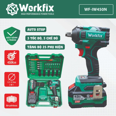 Máy Siết Bulong Pin 21V WORKFIX Pin 10 Cell - Lực Siết 450Nm 100% Lõi Đồng Động Cơ Không Chổi Than (Bảo Hành 1 Năm)