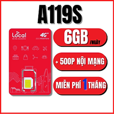 Sim Local Mobifone A119S DATA 180GB/ tháng, 500P Gọi FREE. Miễn phí tháng đầu sử dụng, RẺ 1 TT, Sim chưa kích hoạt, Hàng chính hãng