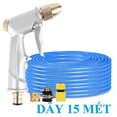 ️ Bộ dây vòi xịt nước rửa xe, tưới cây , tăng áp 3 lần, loại 15m 206701-1 đầu đồng,cút,nối đồng+ đai