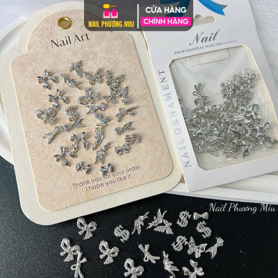Set 50 Charm Bướm Nơ Kim Loại Đính Móng Hàn Quốc Làm Nail, Charm Nơ Mix Bướm Màu Bạc Trắng Gắn Móng Siêu Đáng Yêu Nữ Women
