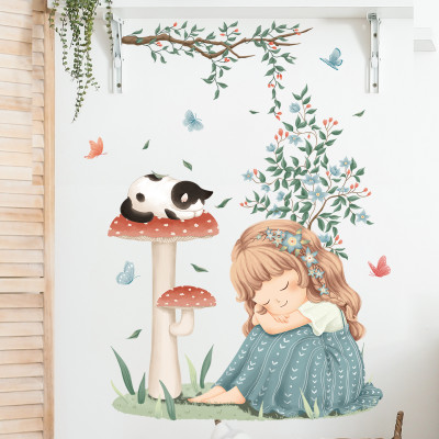 Sticker Giấy Dán Tường Decal Dán tường Tranh Dán Tường Trang Trí Tường Mẫu Cô Bé Bên Cây Nấm ZH-1010