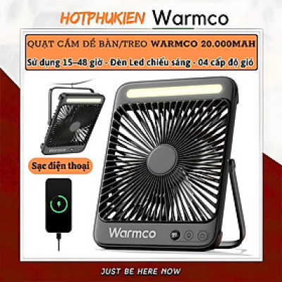 Quạt để bàn / treo đa năng turbo siêu mỏng 20.000 mAh, đèn led chiếu sáng 4 cấp độ gió,dùng làm Pin sạc dự phòng cho iphone ipad điện thoại hiệu Warmco D4 - Gió Mạnh, Êm Ái,hạn chế tiếng ồn, tích điện sạc cắm trại, du lịch, gia đình - Hàng nhập khẩu