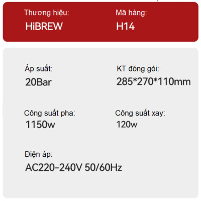 Máy Pha Cà Phê 3-trong-1 HiBREW H14 Espresso-Cappuccino-Latte Kết Hợp Máy Xay Cafe 15 Chế Độ, 1270W - Hàng Nhập Khẩu, Bảo Hành 12 Tháng