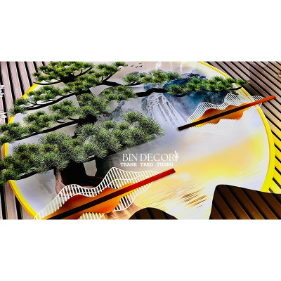 (CÓ ẢNH THẬT) Tranh dán tường 3d lam sóng cây tùng bách 2 trang trí decor phòng khách có sẵn keo