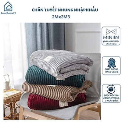 Chăn Nhung Tuyết Nhập Khẩu Siêu Mềm Mịn- Chăn Văn Phòng Kẻ Tăm Kích Thước 2mx2m3 Nặng 1,5kg - Hàng Chính Hãng MINIIN