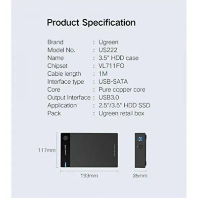 Ugreen UG50422US222TK Hộp đựng ổ cứng 3.5 chuẩn SATA hỗ trợ 10TB có cấp nguồn - HÀNG CHÍNH HÃNG