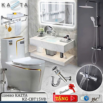 COMBO Thiết Bị Nhà Tắm Cao Cấp KAZTA KZ-CBT15VĐ: Bồn cầu 1 khối viền vàng, Sen tắm chỉnh nhiệt, Gương đèn, Lavabo Bàn Đá 2 Tầng, Vòi và phụ kiện