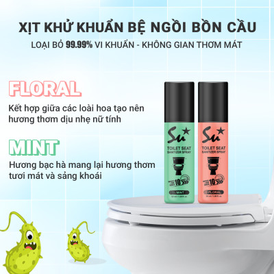 Xịt khử khuẩn bệ ngồi bồn cầu Su Star hương hoa hồng và vani loại bỏ 99.999% vi khuẩn trong 10s 50ml