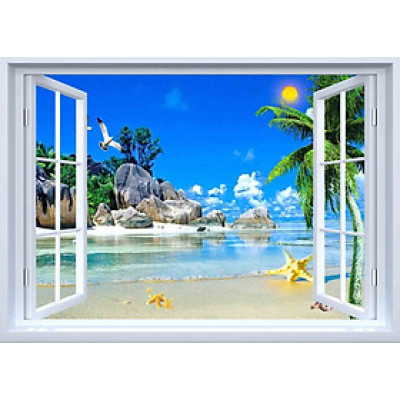 TRANH CỬA SỔ PVP-CS8 Tranh dán tường 3d cửa sổ mở RA BIỂN, BẦU TRỜI XANH ,Tranh dán tường có sẵn keo,MỞ RỘNG KHÔNG GIAN NGÔ NHÀ,
