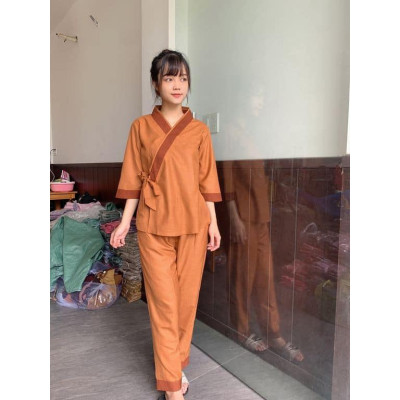 ĐỒ LAM ĐI CHÙA PHÁP PHỤC PHẬT GIÁO # xéo nhạt nơ viền to