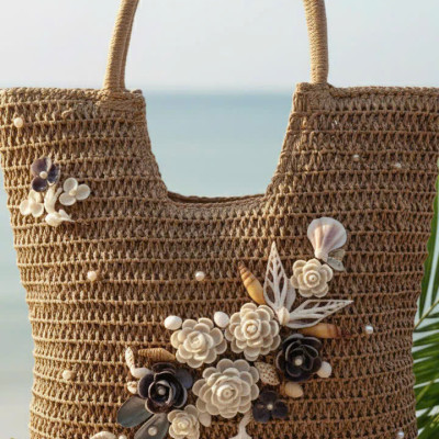 Giỏ Cói Giấy Mềm Dáng Tote Gắn Vỏ Sò, Giỏ Cói Tote Lan Châu ACC142