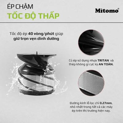 Máy ép trái cây,hoa quả Mitomo- Giữ Nguyên Dinh Dưỡng, Động Cơ Êm, Dễ Vệ Sinh hãng chính hãng