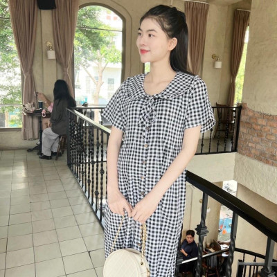 Đầm bầu karo cổ bèo thắt nơ dáng suông dễ thương, trẻ trung, năng động Nữ Women
