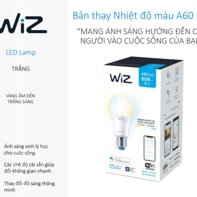 Bóng đèn WiZ thay đổi nhiệt độ màu Wi-Fi TunableWhite/9W A60 927-65