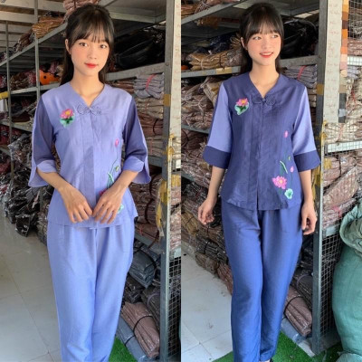 Đồ Lam Đi Chùa # Tim 1Nút Bông Cao Cấp# Quần Áo # Đồ Bộ Nữ