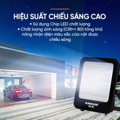Đèn pha LED SUNHOUSE Spec SHE-LSPPL01.100W Sử dụng Chip LED ,Tuổi thọ 25.000 giờ, chuẩn IP66, chống nước