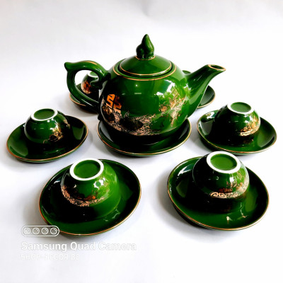 Bộ ấm chén bưởi rêu đào thọ vẽ vàng 24k gốm sứ Bát Tràng cao cấp