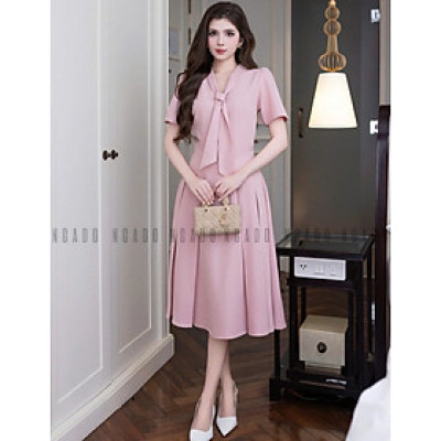 Đầm hồng cổ cà vạt NGADO , đầm midi , đầm kiểu nữ , đầm công sở , dự tiệc