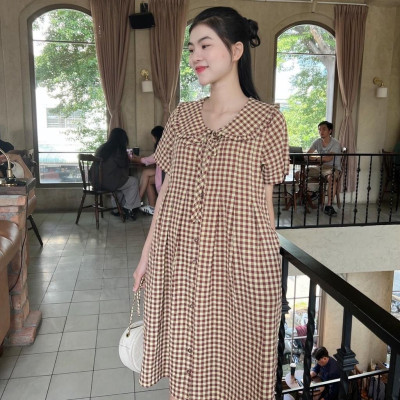 Đầm bầu karo cổ bèo thắt nơ dáng suông dễ thương, trẻ trung, năng động Nữ Women