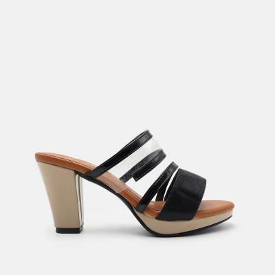 Giày sandal nữ cao gót đế vuông 7 phân hàng hiệu rosata hai màu đen đồng ro518